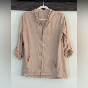 J Jill large beige cotton slub hoodie. Lightweight, buttoned 3/4 sleeves